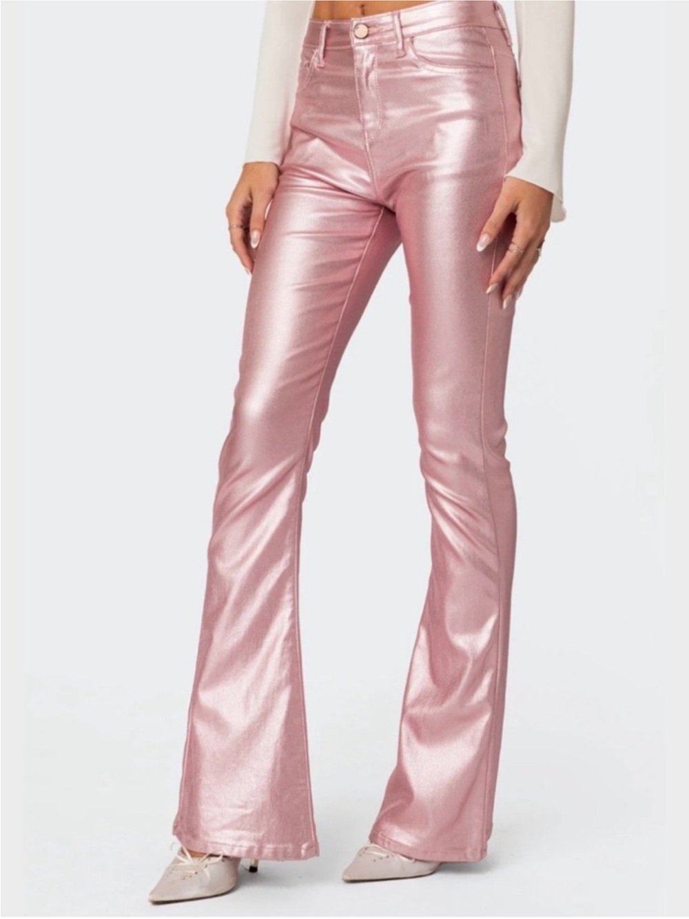 NWT Edikted Luna Faux Leather Pink Metallic Flare Pants Women’s Size XL